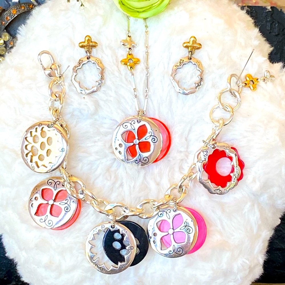 Brighton MEADOW GARDEN Pink orange Red Necklace Charm Bracelet earrings RARE
